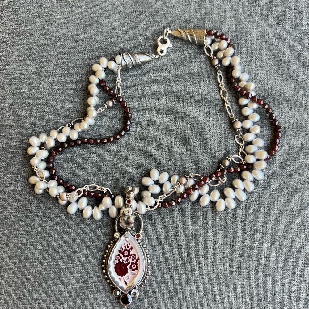 Mars And Valentine Pearl and Garnet Multi-Strand Necklace with Floral Pendant